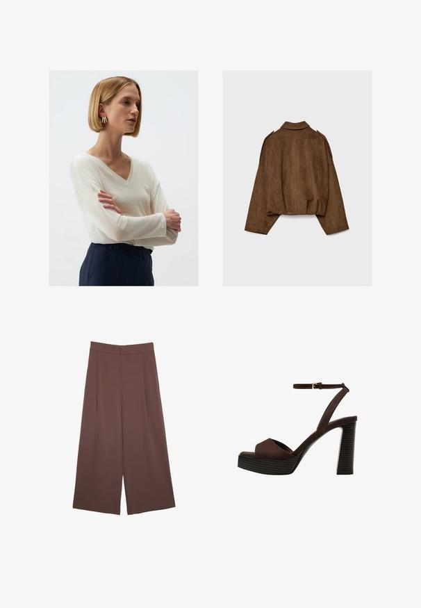 Bruine jas van imitatie suède met een kraag, een oversized pasvorm en doorgezakte schouders. De achterkant heeft verticale naaddetails en een cropped ontwerp.; V-hals lange mouwen top in lichtgewicht, doorschijnende crèmewitte stof. Gecombineerd met donkerblauwe broek. Model heeft een kort kapsel en zilveren oorringen.; Bruine wijde broek met een gladde textuur, voorzien van een hoge taille en plooien aan de voorkant. De stof is lichtgewicht en valt losjes.; Bruine suède high-heeled sandaal met een open teen, verstelbare enkelband en een gestreepte plateauzool.