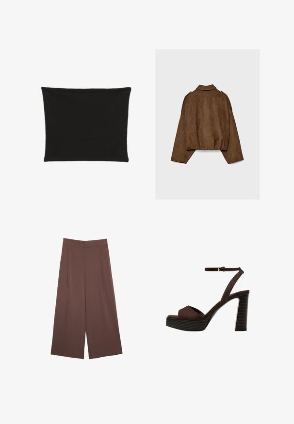 Brun jakke i imiteret ruskind med krave, oversized pasform og sænkede skuldre. Bagsiden har lodrette sømdetaljer og et cropped design.; Sort rektangulær pudeovertræk lavet af stof, med en glat tekstur uden mønstre eller dekorationer. Enkelt, minimalistisk design.; Brune bredbunde bukser med en glat tekstur, der har høj talje og plisseringer foran. Stoffet er let og falder løst.; Brune ruskinds højhælede sandal med åben tå, justerbar ankelrem og en stribet plade sål.