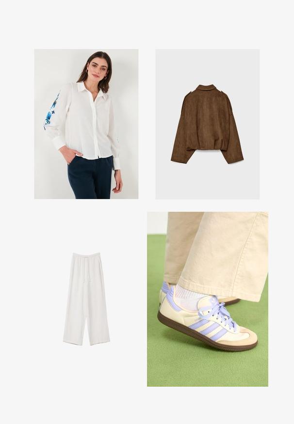 Brun jakke i imiteret ruskind med krave, oversized pasform og sænkede skuldre. Bagsiden har lodrette sømdetaljer og et cropped design.; Hvid linned skjorte med knapper og krave, prydet med blå blomsterbroderi på ærmerne, samt mørkeblå bukser.; Hvide bukser med bred benlængde lavet af et letvægtsstof. Har et elastisk talje med snor og sidelommer. Glat tekstur.; Creme og lavendel sneakers med tre striber og en tekstureret brun sål, der har snørebånd og en polstret hæl. Blødt stof øvre.