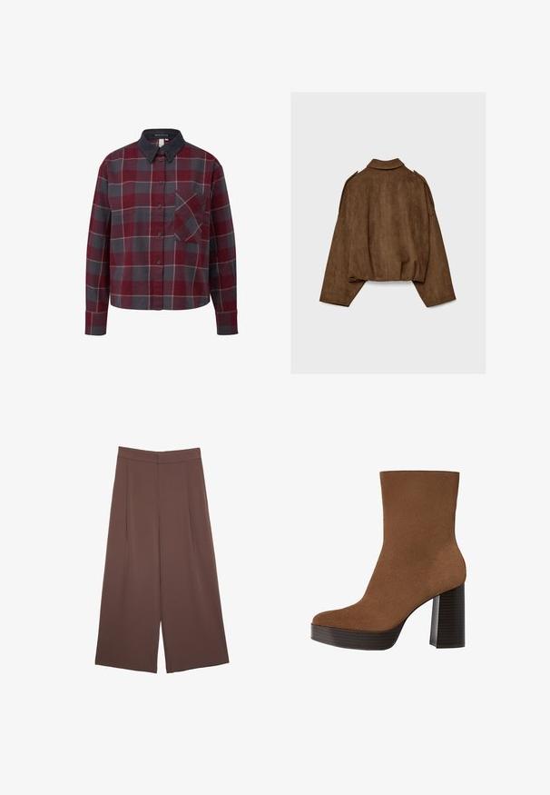Braune Jacke aus Kunstwildleder mit Kragen, übergroßem Schnitt und abgefallenen Schultern. Der Rücken zeigt vertikale Nahtdetails und ein kurzes Design.; Karierte Button-Up-Hemd mit roten, grauen und weißen Quadraten. Aus Baumwolle, mit einem Cordkragen und einer Brusttasche. Lange Ärmel.; Braune Weite-Leg-Hosen mit einer glatten Textur, hoher Taille und Vorderfalten. Der Stoff ist leicht und fällt locker.; Braunes Wildleder-Ankle Boot mit runder Spitze, klobigem schwarz gestreiften Absatz und glatter Oberfläche. Besitzt ein enganliegendes Design ohne sichtbare Beschläge.