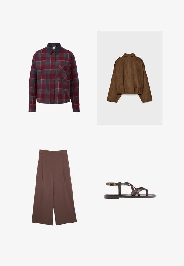 Braune Jacke aus Kunstwildleder mit Kragen, übergroßem Schnitt und abgefallenen Schultern. Der Rücken zeigt vertikale Nahtdetails und ein kurzes Design.; Karierte Button-Up-Hemd mit roten, grauen und weißen Quadraten. Aus Baumwolle, mit einem Cordkragen und einer Brusttasche. Lange Ärmel.; Braune Weite-Leg-Hosen mit einer glatten Textur, hoher Taille und Vorderfalten. Der Stoff ist leicht und fällt locker.; Braune Leder-Sandale mit überkreuzten Riemen, einem Knöchelriemen mit Schnalle und einer flachen Sohle mit minimalen Nähdetails.