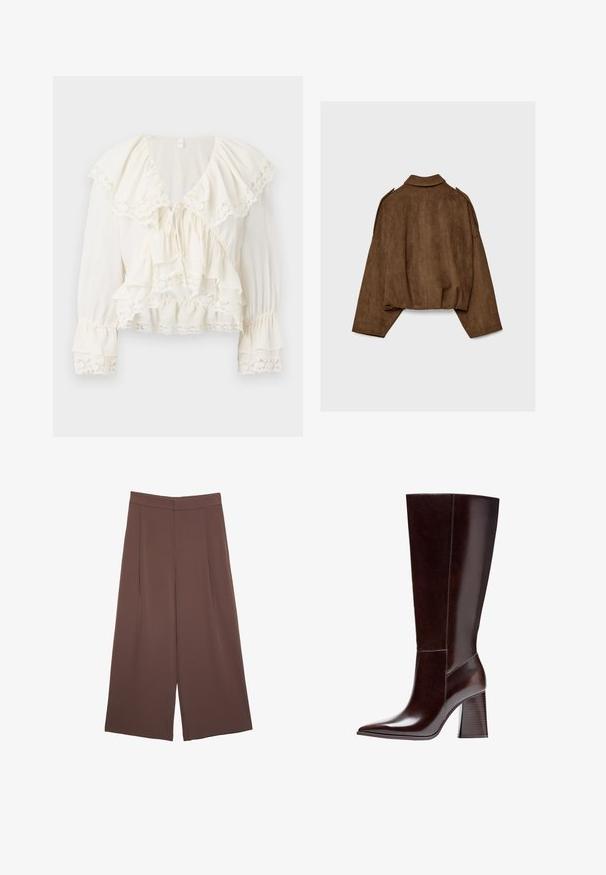 Giacca marrone in finto camoscio con collo a camicia, vestibilità oversize e spalle scese. La parte posteriore presenta cuciture verticali e un design corto.; Blusa bianca con un design a strati e volant, rifinita con pizzo sui maniche e sull'orlo, e una scollatura a V con chiusura a cordoncino.; Pantaloni ampi marroni con una texture liscia, caratterizzati da una vita alta e pieghe frontali. Il tessuto è leggero e scorre liberamente.; Stivale marrone in pelle al ginocchio con punta affusolata e tacco a blocco testurizzato. Presenta linee pulite e dettagli di cucitura minimi.