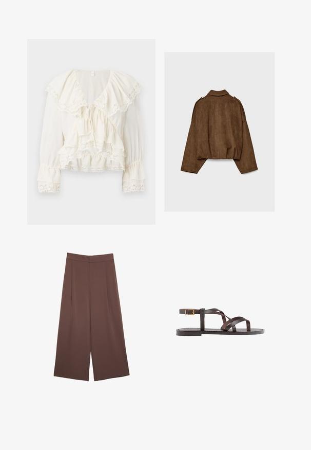 Brązowa kurtka z imitacji zamszu z kołnierzem, luźnym krojem i opuszczonymi ramionami. Tył ozdobiony jest pionowymi przeszyciami i ma krótki krój.; Biała bluzka z warstwowym, falbaniastym wzorem, koronkowym wykończeniem na rękawach i u dołu oraz dekoltem w kształcie litery V z regulowanym sznurkiem.; Brązowe spodnie o szerokich nogawkach z gładką fakturą, z wysokim stanem i plisami z przodu. Materiał jest lekki i luźno opada.; Brązowe skórzane sandały z krzyżującymi się paskami, zapięciem na klamrę przy kostce oraz płaską podeszwą z minimalnymi detalami szycia.