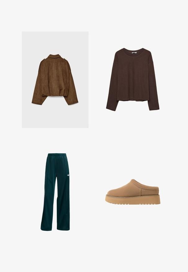 Hnedá bundu z umelého semišu s golierom, nadrozmerným strihom a spustenými ramenami. Zadná časť má vertikálne švy a skrátený dizajn.; Hnedý sveter s uvoľneným strihom, s rebrovaným výstrihom a dlhými rukávmi. Hladká textúra s okrúhlym lemom a bez viditeľných vzorov alebo akcentov.; Tmavomodré športové nohavice vyrobené z ľahkej tkaniny, so jednoduchým dizajnom, elastickým pásom a bielymi postrannými akcentmi.; Hnedé nazúvacie topánky s jemnou textúrou, zaoblenou špičkou a hrubou, ryhovanou podrážkou. Obsahujú jemné švy po stranách.