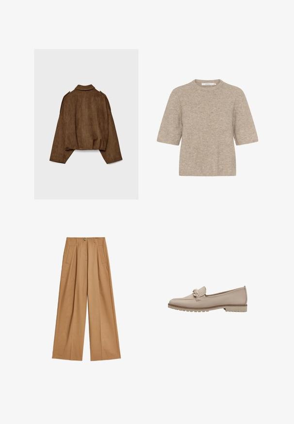 Brun jakke i imiteret ruskind med krave, oversized pasform og sænkede skuldre. Bagsiden har lodrette sømdetaljer og et cropped design.; Beige kortærmet sweater lavet af blødt strikstof med en rund halsudskæring og en afslappet pasform. Teksturen er en smule fuzzy.; Bredde bukser i en lys tan-farve, lavet af glat stof, med to forlommer og en central knaplukning.; Beige læder loafers med en syet søm og dekorativ knude på vristen. Har en struktureret gummisål for greb og let polstring.