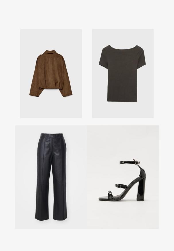 Hnědá bunda z umělé semiše s límcem, volným střihem a sníženými rameny. Na zádech jsou vertikální švy a zkrácený střih.; Tmavě šedý top s krátkým rukávem a lodičkovým výstřihem. Vyrobený z ribovaného materiálu, s volnějším střihem a čistým lemem. Jednoduchý design, bez vzorů.; Černé kožené kalhoty s vysokým pasem, širokým střihem a vertikálními švy. Hladká textura s lesklým povrchem.; Černé lakované sandály na podpatku se čtveratou špičkou, lýtkovými pásky a stříbrnými přezkami. Disponují masivním blokovým podpatkem pro stabilitu.