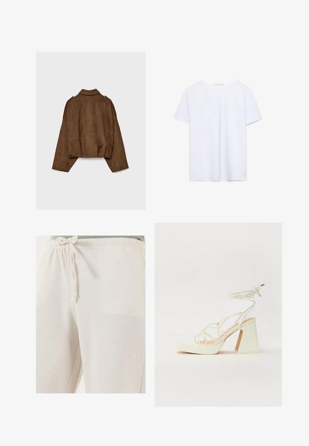 Hnedá bundu z umelého semišu s golierom, nadrozmerným strihom a spustenými ramenami. Zadná časť má vertikálne švy a skrátený dizajn.; Hladké biele tričko s krátkym rukávom a okrúhlym výstrihom, s rovnými lemami, vystavené na bielom pozadí.; LELA REGULAR FIT - Nohavice - beige; Biele sandále na vysokom opätku s hrubým podpätkom, s pruhovaným dizajnom a viazaním na členku. Hladký povrch s platformou vpredu pre zvýšenú výšku.