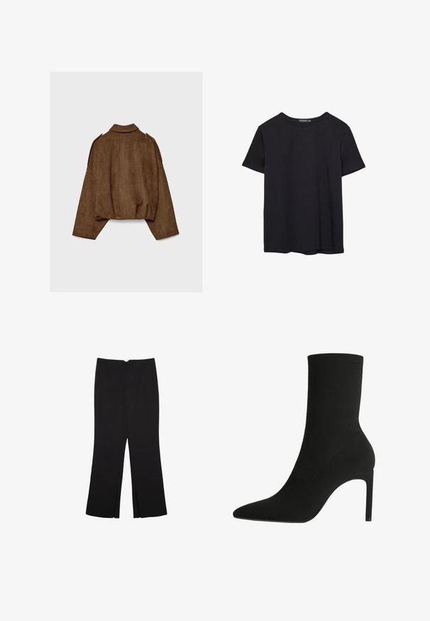 Hnědá bunda z umělé semiše s límcem, volným střihem a sníženými rameny. Na zádech jsou vertikální švy a zkrácený střih.; Jednoduché černé bavlněné tričko s krátkým rukávem a kulatým výstřihem, vystavené na bílém pozadí.; Černé kalhoty s rovným střihem, s předními kapsami a bočními rozparky na lemu. Vyrobené z jemné, hladké tkaniny. Vhodné na různé příležitosti.; Černé kotníkové boty vyrobené z měkkého semiše, s špičatou špičkou a vysokým jehlovým podpatkem. Minimalistický design bez viditelného kování nebo vzorů.