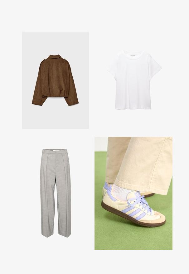 Brun jacka i fuskmocka med krage, oversized passform och nedsänkta axlar. Bakstycket har vertikal sömdetalj och en kortare design.; Vit t-shirt som är gjord av mjukt, lätt tyg. Har en rund halsringning och korta, vida ärmar med en avslappnad passform. Inga synliga mönster.; Ljusgrå vida byxor med en slät textur, som har två framfällningar, en midjeband och raka ben.; Krämfärgade och lavendelfärgade sneakers med tre ränder och en texturerad brun sula, med snören och en vadderad häl. Mjuk tygobero.