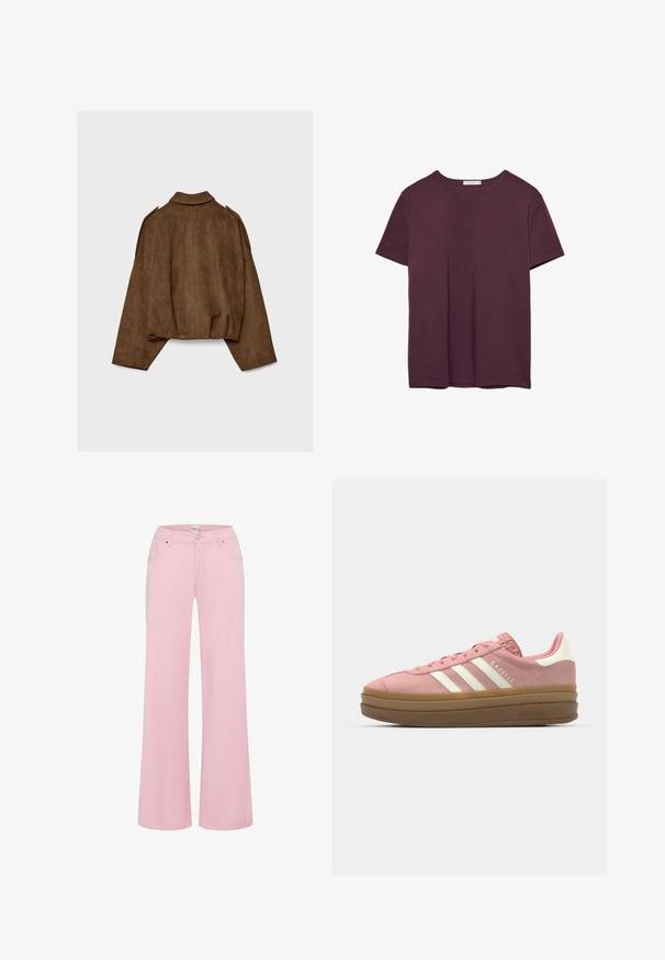 Giacca marrone in finto camoscio con collo a camicia, vestibilità oversize e spalle scese. La parte posteriore presenta cuciture verticali e un design corto.; T-shirt a maniche corte con scollo rotondo in un profondo borgogna, mostrato in piano su uno sfondo bianco.; Pantaloni a gamba larga rosa realizzati in morbido tessuto misto cotone. Presentano due tasche anteriori, una chiusura con bottone e una vita a media altezza.; adidas Originals GAZELLE BOLD - Sneakers basse - mauve/off white