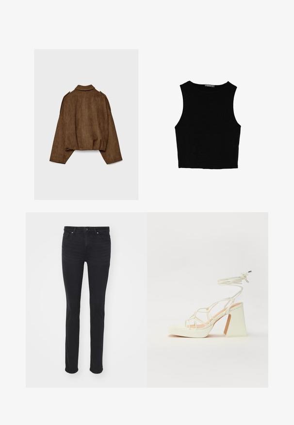 Hnedá bundu z umelého semišu s golierom, nadrozmerným strihom a spustenými ramenami. Zadná časť má vertikálne švy a skrátený dizajn.; Čierny bezrukávový crop top vyrobený z hladkej tkaniny, so zaobleným výstrihom a čistým, jednoduchým dizajnom bez vzorov alebo kovania.; Čierne džínsové nohavice so štíhlym strihom, s piatimi vreckami, so zipsom a striebornými kovovými doplnkami. Hladká textúra s minimálnym vyblednutím.; Biele sandále na vysokom opätku s hrubým podpätkom, s pruhovaným dizajnom a viazaním na členku. Hladký povrch s platformou vpredu pre zvýšenú výšku.