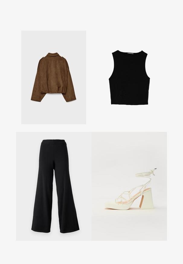 Ruskea tekonahkainen mokkatakki, jossa on kauluksellinen kaula-aukko, ylisuurikokoinen istuvuus ja laskostetut olkapäät. Takana pystysuoria saumadetaljeja ja lyhyt malli.; Musta hihaton crop-top, joka on valmistettu sileästä kankaasta, jossa on pyöreä kaula-aukko ja siisti, yksinkertainen muotoilu ilman kuvioita tai varusteita.; Mustat väljät housut pehmeällä pinnalla, joissa on korkea joustava vyötärö ja suora, virtaava muotoilu, joka sopii ihanteellisesti mukavuuteen ja liikkuvuuteen.; Valkoinen korkokenkä, jossa on paksu korko, ja joka sisältää nauhakiinnityksen ja nilkkaketjun. Sujuva pinta, jossa on platform-etupohja lisäkorkeutta varten.