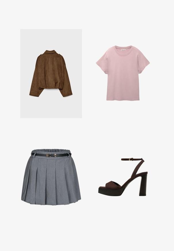 Hnedá bundu z umelého semišu s golierom, nadrozmerným strihom a spustenými ramenami. Zadná časť má vertikálne švy a skrátený dizajn.; Světle růžové tričko s krátkým rukávem vyrobené z hladké bavlny. Má kulatý výstřih a uvolněný střih s rovně střiženým lemem.; Sivá plisovaná sukňa s nariaseným pásom a čiernym opaskom s akcentom zlatého spony. Mäkká látka s hladkou textúrou.; Hnedé semišové sandále na vysokom podpätku s otvorenou špičkou, nastaviteľným členkovým remienkom a pruhovanou platformovou podrážkou.