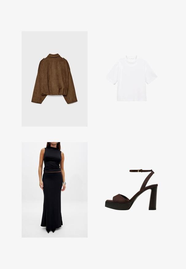 Bruine jas van imitatie suède met een kraag, een oversized pasvorm en doorgezakte schouders. De achterkant heeft verticale naaddetails en een cropped ontwerp.; Witte katoenen t-shirt met korte mouwen en een ronde hals. Eenvoudig ontwerp, losse pasvorm, gladde textuur. Geen patronen of accenten zichtbaar.; Mouwloos zwart topje met een hoge hals, gecombineerd met een aansluitende zwarte maxi rok. Beide kledingstukken zijn gemaakt van gladde stof en bevatten geen patronen.; Bruine suède high-heeled sandaal met een open teen, verstelbare enkelband en een gestreepte plateauzool.