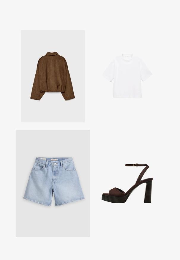 Braune Jacke aus Kunstwildleder mit Kragen, übergroßem Schnitt und abgefallenen Schultern. Der Rücken zeigt vertikale Nahtdetails und ein kurzes Design.; Weißes Baumwoll-T-Shirt mit kurzen Ärmeln und rundem Ausschnitt. Einfaches Design, lockere Passform, glatte Textur. Keine Muster oder Verzierungen sichtbar.; Hellblaue Jeansshorts. Hoch tailliert mit vier Taschen, einem vorderen Knopfverschluss und rohen Saumkanten. Der Stoff wirkt weich mit einem ausgebleichten Finish.; Braune Wildleder-Pumps mit offenem Zeh, verstellbarem Knöchelriemen und gestreiftem Plateausohlen.