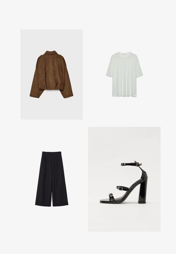 Braune Jacke aus Kunstwildleder mit Kragen, übergroßem Schnitt und abgefallenen Schultern. Der Rücken zeigt vertikale Nahtdetails und ein kurzes Design.; Weißes Kurzarm-T-Shirt, runder Halsausschnitt, weicher Baumwollmischstoff, lockere Passform, nahtsaum, minimalistisches Design ohne Verzierungen.; Schwarze weit geschnittene Hose mit Falten, gefertigt aus einem glatten Stoff. Sie hat eine hohe Taille und einen klaren, maßgeschneiderten Schnitt.; Schwarze patentierte Sandalen mit Absatz, quadratischer Spitze, Knöchelriemen und silbernen Schnallen. Mit einem stabilen Blockabsatz für mehr Stabilität.