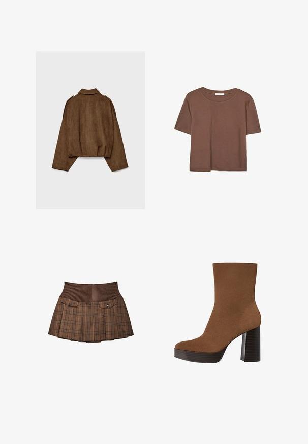 Braune Jacke aus Kunstwildleder mit Kragen, übergroßem Schnitt und abgefallenen Schultern. Der Rücken zeigt vertikale Nahtdetails und ein kurzes Design.; Braunes, kurzärmliges T-Shirt aus weichem Material mit rundem Halsausschnitt und lockerer Passform. Keine sichtbaren Muster oder Akzente.; Brauner karierter Rock mit einem gerippten Bund, verfügt über zwei Vorderseiten-Taschen mit Druckknöpfen, plissiertes Design und einen maßgeschneiderten Abschluss.; Braunes Wildleder-Ankle Boot mit runder Spitze, klobigem schwarz gestreiften Absatz und glatter Oberfläche. Besitzt ein enganliegendes Design ohne sichtbare Beschläge.