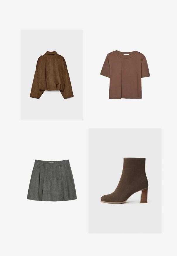 Brązowa kurtka z imitacji zamszu z kołnierzem, luźnym krojem i opuszczonymi ramionami. Tył ozdobiony jest pionowymi przeszyciami i ma krótki krój.; Brązowa koszulka z krótkim rękawem, wykonana z miękkiego materiału, z okrągłym dekoltem i luźnym krojem. Brak widocznych wzorów lub akcentów.; Szara plisowana spódnica wykonana z teksturowanej tkaniny z pionowymi prążkami. Posiada gładki pas w talii oraz dwie przednie szlufki na pasek.; Brązowy zamszowy botek sięgający kostki z okrągłym noskiem oraz piętą o warstwowej, teksturowanej powierzchni. Gładkie wykończenie bez widocznych zapięć ani ozdób.