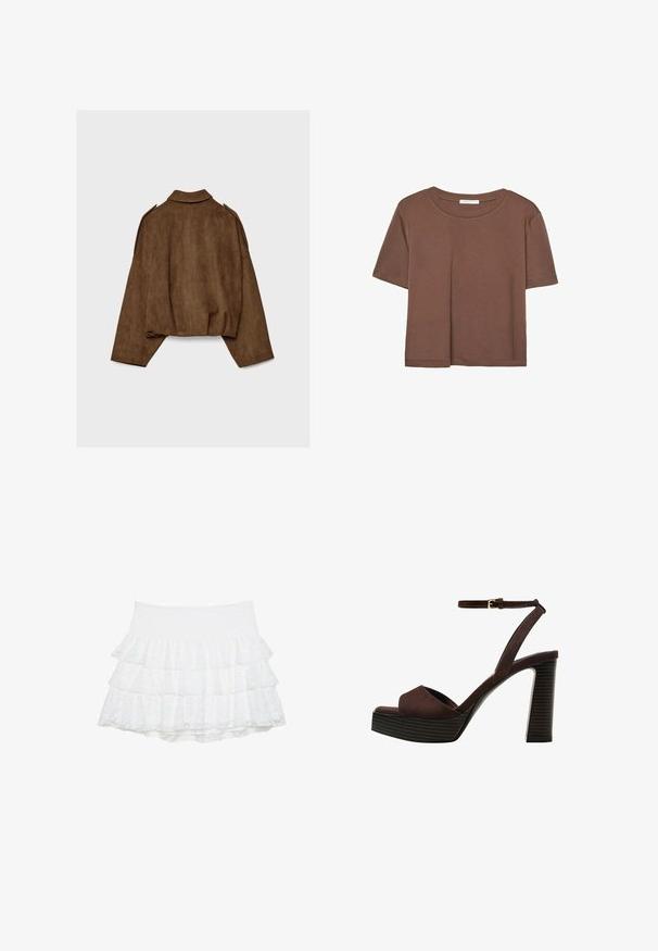 Brun jakke i imiteret ruskind med krave, oversized pasform og sænkede skuldre. Bagsiden har lodrette sømdetaljer og et cropped design.; Brun kortærmet t-shirt lavet af blødt stof, med rund halsudskæring og afslappet pasform. Ingen synlige mønstre eller detaljer.; Hvid, lagdelt mini nederdel lavet af struktureret blonde med tre lag. Elastisk talje giver stræk. Ingen yderligere dekorationer.; Brune ruskinds højhælede sandal med åben tå, justerbar ankelrem og en stribet plade sål.