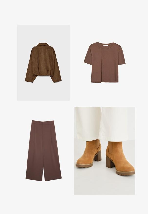 Braune Jacke aus Kunstwildleder mit Kragen, übergroßem Schnitt und abgefallenen Schultern. Der Rücken zeigt vertikale Nahtdetails und ein kurzes Design.; Braunes, kurzärmliges T-Shirt aus weichem Material mit rundem Halsausschnitt und lockerer Passform. Keine sichtbaren Muster oder Akzente.; Braune Weite-Leg-Hosen mit einer glatten Textur, hoher Taille und Vorderfalten. Der Stoff ist leicht und fällt locker.; Helle Wildleder-Ankle Boots mit einem dickem Blockabsatz, ausgestattet mit elastischen Seitenpaneelen und einer robusten Sohle für besseren Halt. Texturiertes Obermaterial mit Nähdetails.