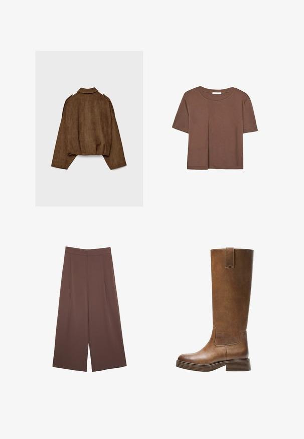 Rjava jakna iz umetnega usnja z ovratnikom, širokim krojem in spuščenimi rameni. Hrbtni del ima navpične šive in krajšano zasnovo.; Rjava kratka majica s kratkimi rokavi iz mehkega materiala, s krožnim izrezom in ohlapnim krojem. Brez vidnih vzorcev ali dodatkov.; Rjave široke hlače z gladko teksturo, ki imajo visok pas in sprednje naborke. Tkanina je lahka in prosto pada.; Bralne usnjene škornje do kolen z zaobljenim nosom, teksturirano površino in nizkim platiščem. Imajo stranski panel in zanko za poteg na vrhu.