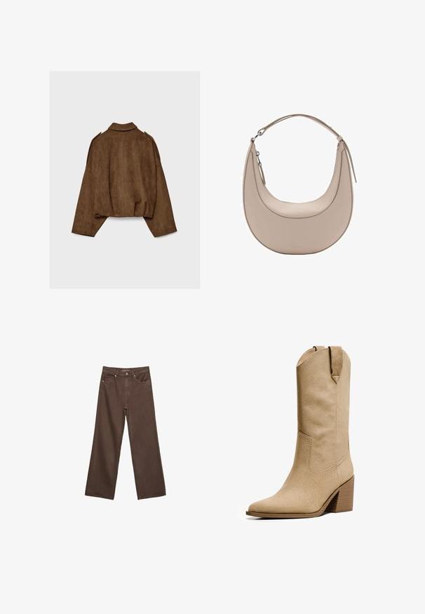 Hnědá bunda z umělé semiše s límcem, volným střihem a sníženými rameny. Na zádech jsou vertikální švy a zkrácený střih.; Hnědé tričko s krátkým rukávem vyrobené z měkké látky, s kulatým výstřihem a volným střihem. Bez viditelných vzorů nebo dekorací.; Hnědé džíny s širokými nohavicemi vyrobené z denimu, s vysokým pasem, předními kapsami a klasickým zapínáním na knoflík. Hladká textura s jemným švem.; Bershka HIGH-HEEL - Kovbojské/motorkářské kozačky - beige; Světle béžová kožená kabelka přes rameno s půlměsíčovým tvarem, hladkým povrchem a jedním zakřiveným uchopem. Obsahuje zipový uzávěr a upravené švy.