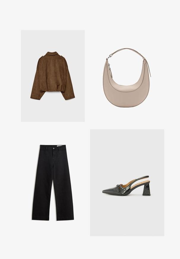 Brązowa kurtka z imitacji zamszu z kołnierzem, luźnym krojem i opuszczonymi ramionami. Tył ozdobiony jest pionowymi przeszyciami i ma krótki krój.; Brązowa koszulka z krótkim rękawem, wykonana z miękkiego materiału, z okrągłym dekoltem i luźnym krojem. Brak widocznych wzorów lub akcentów.; Czarne dżinsowe spodnie o szerokich nogawkach i wysokim stanie, z przednimi i tylnymi kieszeniami, przeszyciami oraz zapięciem na guziki. Gładka struktura.; Czarne lakierowane buty na obcasie z odkrytą piętą, ze spiczastym noskiem, trójkątnym obcasem i ozdobnym paskiem z srebrnymi akcentami. Gładka faktura.; Beżowa skórzana torba na ramię o kształcie półksiężyca, gładkiej fakturze i pojedynczym zakrzywionym uchwycie. Posiada zamek błyskawiczny oraz staranne przeszycia.