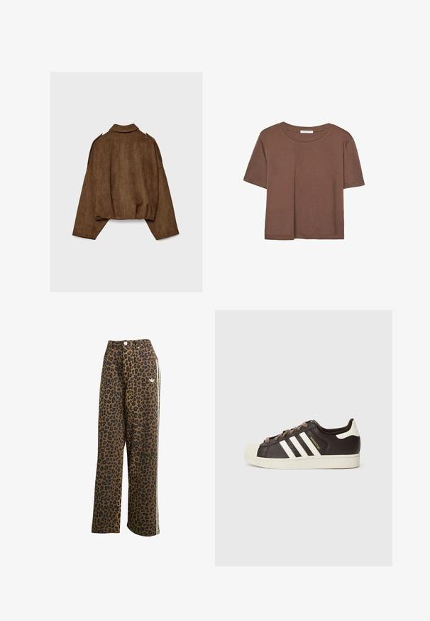 Hnědá bunda z umělé semiše s límcem, volným střihem a sníženými rameny. Na zádech jsou vertikální švy a zkrácený střih.; Hnědé tričko s krátkým rukávem vyrobené z měkké látky, s kulatým výstřihem a volným střihem. Bez viditelných vzorů nebo dekorací.; Kardiganové kalhoty s leopardím potiskem v hnědé barvě s černými skvrnami, s vysokým pasem a bílými bočními pruhy, vyrobené z bavlněné tkaniny.; Nízký teniska Adidas Superstar z tmavě hnědé kůže s krémovou špičkou, bílými pruhy a nápisem "Superstar" na boku.