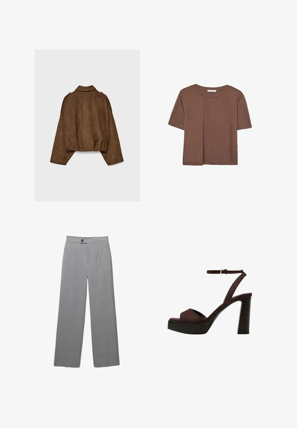 Hnedá bundu z umelého semišu s golierom, nadrozmerným strihom a spustenými ramenami. Zadná časť má vertikálne švy a skrátený dizajn.; Hnedé tričko s krátkym rukávom vyrobené z jemného materiálu, s okrúhlym výstrihom a voľným strihom. Žiadne viditeľné vzory ani akcenty.; Šedé upravené nohavice s širokými nohavicami, plochým predkom a jemnou textúrou. Obsahujú jediné zapínanie na gombík a čisté línie.; Hnedé semišové sandále na vysokom podpätku s otvorenou špičkou, nastaviteľným členkovým remienkom a pruhovanou platformovou podrážkou.