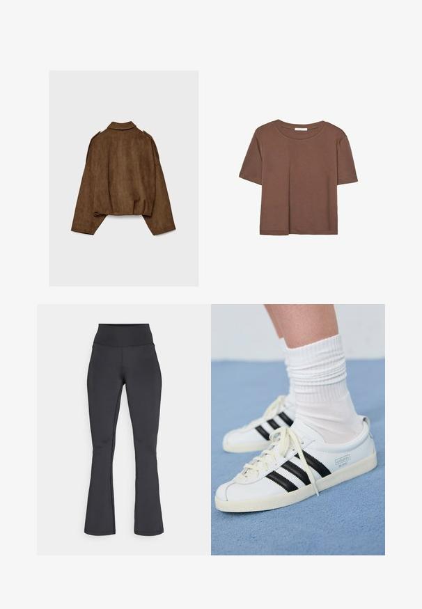 Veste en suédine marron avec col montant, coupe oversize et épaules tombantes. Le dos présente des coutures verticales et un design court.; T-shirt marron à manches courtes en tissu doux, avec un col rond et une coupe décontractée. Aucun motif ni accent visible.; Leggings noires à taille haute évasée avec des coutures visibles, fabriquées en tissu extensible et lisse, présentées à plat sur un fond blanc.; Baskets blanches en cuir avec des rayures noires, semelle crème et lacets clairs. Portées avec des chaussettes blanches côtelées, positionnées sur un fond bleu.
