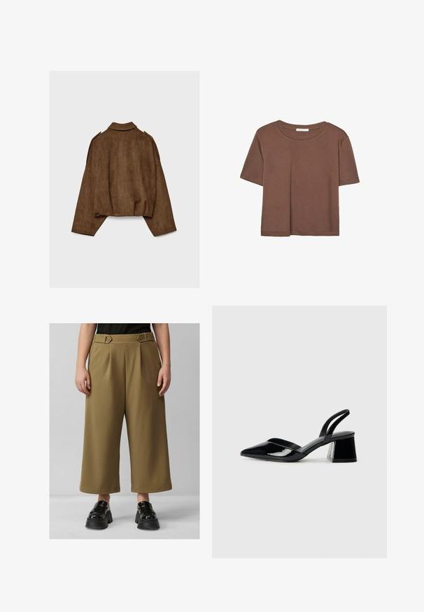 Bruine jas van imitatie suède met een kraag, een oversized pasvorm en doorgezakte schouders. De achterkant heeft verticale naaddetails en een cropped ontwerp.; Korte mouwen T-shirt in bruin, gemaakt van een zachte stof, met een ronde halslijn en een relaxte pasvorm. Geen zichtbare patronen of accenten.; Bruine wijde broek met plooien en knoopaccenten bij de taille; gecombineerd met zwarte, stevige platform schoenen. Gladde stofstructuur.; Zwarte gepatineerde leren slingback hakken met een spitse neus en een geometrische blokhak. Kenmerkt zich door een slank, minimalistisch ontwerp en een gladde textuur.