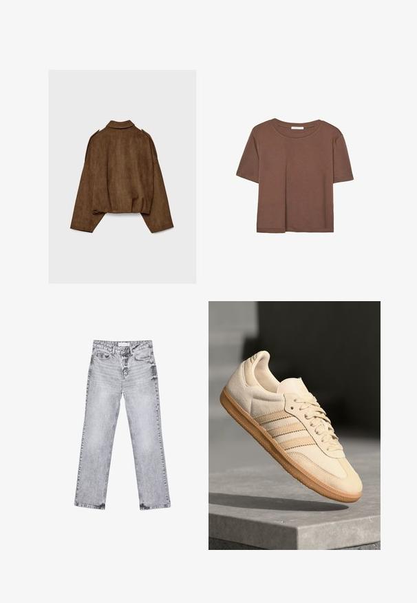 Ruskea tekonahkainen mokkatakki, jossa on kauluksellinen kaula-aukko, ylisuurikokoinen istuvuus ja laskostetut olkapäät. Takana pystysuoria saumadetaljeja ja lyhyt malli.; Kahvinsävyinen lyhythihainen t-paita, joka on valmistettu pehmeästä kankaasta. Pyöreä pääntie ja rento malli. Ei näkyviä kuvioita tai koristeita.; Harmaat farkut suoran lahkeen leikkauksella, kulutettu yksityiskohtia, viisi taskua ja kuparinappi. Vyötärönauha sisältää logotagin.; Vaalea beige mokkanahkakenkä, jossa on kumipohja, kolme vinoraitaa ja struktuuroitu varvaskappale. Varustettu logolla kielellä ja sivussa.