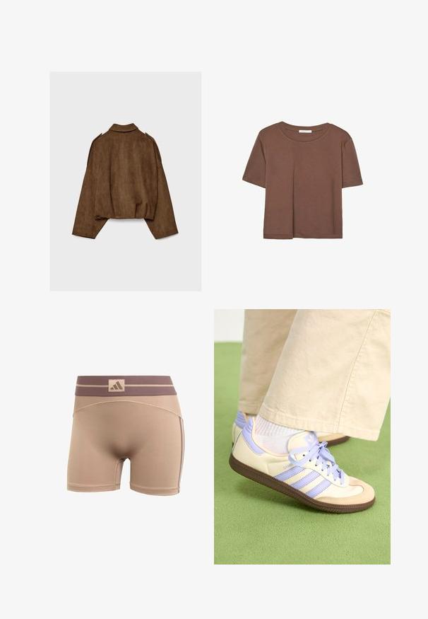 Brun jacka i fuskmocka med krage, oversized passform och nedsänkta axlar. Bakstycket har vertikal sömdetalj och en kortare design.; Brun kortärmad t-shirt i mjukt tyg, med rund halsringning och avslappnad passform. Inga synliga mönster eller detaljer.; adidas Performance HYPERGLAM - Tights - chalky brown earth strata; Krämfärgade och lavendelfärgade sneakers med tre ränder och en texturerad brun sula, med snören och en vadderad häl. Mjuk tygobero.