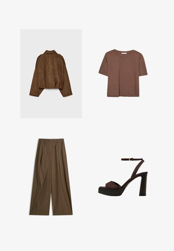 Hnědá bunda z umělé semiše s límcem, volným střihem a sníženými rameny. Na zádech jsou vertikální švy a zkrácený střih.; Hnědé tričko s krátkým rukávem vyrobené z měkké látky, s kulatým výstřihem a volným střihem. Bez viditelných vzorů nebo dekorací.; Hnědé kalhoty s širokými nohavicemi a tenkými bílými pruhy, vysokým pasem, předním zapínáním na knoflík a překryvným panelem ve stylu obálky.; Hnědé semišové sandály na vysokém podpatku s otevřenou špičkou, nastavitelným páskem kolem kotníku a proužkovou platformou.