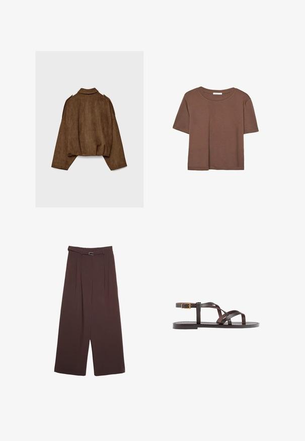 Brązowa kurtka z imitacji zamszu z kołnierzem, luźnym krojem i opuszczonymi ramionami. Tył ozdobiony jest pionowymi przeszyciami i ma krótki krój.; Brązowa koszulka z krótkim rękawem, wykonana z miękkiego materiału, z okrągłym dekoltem i luźnym krojem. Brak widocznych wzorów lub akcentów.; Stradivarius - Spodnie materiałowe; Brązowe skórzane sandały z krzyżującymi się paskami, zapięciem na klamrę przy kostce oraz płaską podeszwą z minimalnymi detalami szycia.