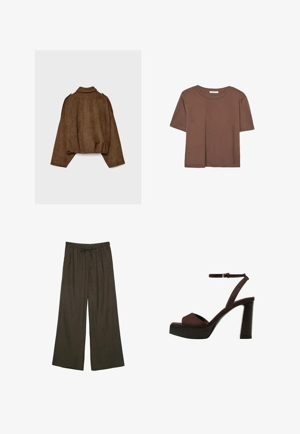 Hnědá bunda z umělé semiše s límcem, volným střihem a sníženými rameny. Na zádech jsou vertikální švy a zkrácený střih.; Hnědé tričko s krátkým rukávem vyrobené z měkké látky, s kulatým výstřihem a volným střihem. Bez viditelných vzorů nebo dekorací.; Tmavě hnědé široké kalhoty s elastickým pasem a nastavitelnou šňůrkou. Vyrobené z měkké, lehké tkaniny.; Hnědé semišové sandály na vysokém podpatku s otevřenou špičkou, nastavitelným páskem kolem kotníku a proužkovou platformou.