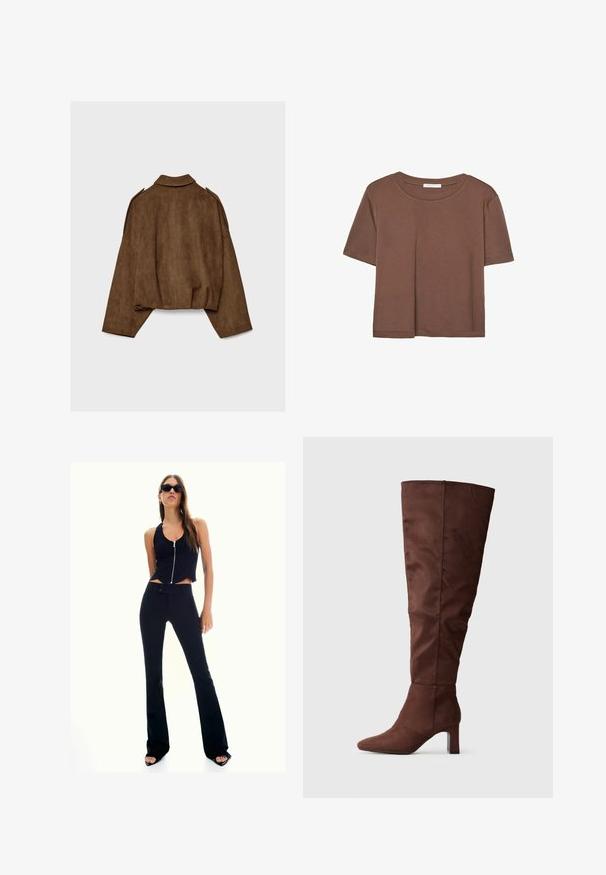Hnědá bunda z umělé semiše s límcem, volným střihem a sníženými rameny. Na zádech jsou vertikální švy a zkrácený střih.; Hnědé tričko s krátkým rukávem vyrobené z měkké látky, s kulatým výstřihem a volným střihem. Bez viditelných vzorů nebo dekorací.; Černý zkrácený top s předním zipem v kombinaci s černými kalhotami s vysokým pasem a širokými nohavicemi. Modelka nosí tmavé sluneční brýle a sandály na vysokém podpatku.; Hnědá kozačka po kolena vyrobená z měkkého materiálu podobného zaměření. Disponuje špičatou špičkou a vrstveným podpatkem pro stabilitu. Hladký, matný povrch.