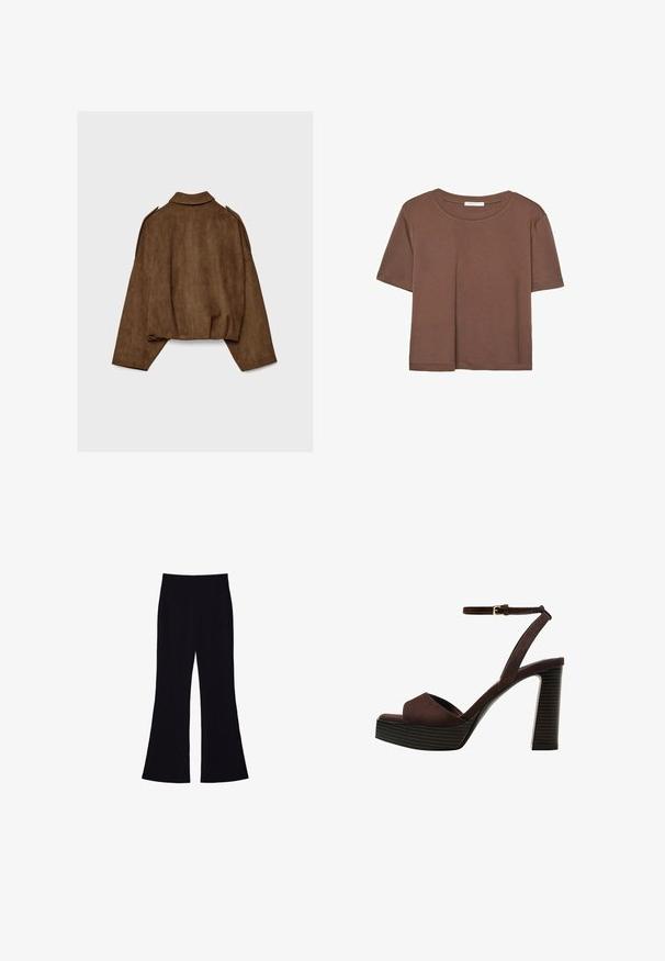 Ruskea tekonahkainen mokkatakki, jossa on kauluksellinen kaula-aukko, ylisuurikokoinen istuvuus ja laskostetut olkapäät. Takana pystysuoria saumadetaljeja ja lyhyt malli.; Kahvinsävyinen lyhythihainen t-paita, joka on valmistettu pehmeästä kankaasta. Pyöreä pääntie ja rento malli. Ei näkyviä kuvioita tai koristeita.; Mustat leveälahkeiset housut, joissa on korkea vyötärö ja ei näkyviä taskuja tai nappia, esiteltynä valkoista taustaa vasten.; Ruske kožne sandale s visokom potpeticom, otvorenim prstima, podesivim kopčanjem oko gležnja i prugastim platformskim đonom.