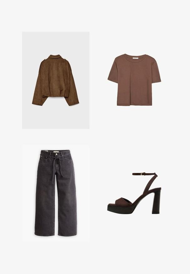 Brun jacka i fuskmocka med krage, oversized passform och nedsänkta axlar. Bakstycket har vertikal sömdetalj och en kortare design.; Brun kortärmad t-shirt i mjukt tyg, med rund halsringning och avslappnad passform. Inga synliga mönster eller detaljer.; Svarta vida jeans gjorda av denim, med dragsko i midjan, fem fickor och kontrasterande sömnadsdetaljer. Platt framsidan design.; Bruna mocka högklackade sandaler med öppen tå, justerbar vristrem och en randig plattformssula.