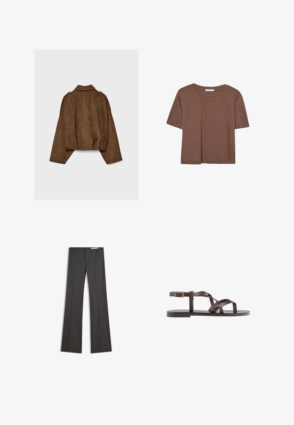 Hnědá bunda z umělé semiše s límcem, volným střihem a sníženými rameny. Na zádech jsou vertikální švy a zkrácený střih.; Hnědé tričko s krátkým rukávem vyrobené z měkké látky, s kulatým výstřihem a volným střihem. Bez viditelných vzorů nebo dekorací.; Šedé rozšířené kalhoty z hladkého materiálu, se splývavým předním dílem, poutky na opasek a přiléhavým střihem s čistými liniemi.; Hnědé kožené sandály s kříženými pásky, uzavřením na přezku u kotníku a plochou podrážkou s minimem švů.