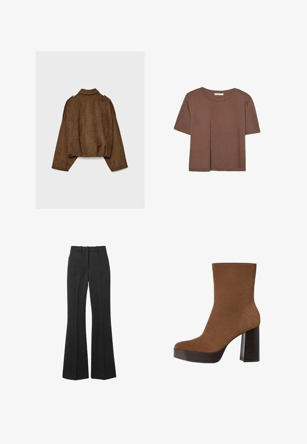Giacca marrone in finto camoscio con collo a camicia, vestibilità oversize e spalle scese. La parte posteriore presenta cuciture verticali e un design corto.; Maglietta a maniche corte marrone realizzata in tessuto morbido, con scollatura rotonda e vestibilità rilassata. Nessun motivo o dettaglio visibile.; Pantaloni neri a zampa d'elefante realizzati in tessuto liscio. Presentano due tasche posteriori e passanti per la cintura, con un design a gamba larga che si restringe in vita.; Stivale alla caviglia in suede marrone con punta arrotondata, tacco spesso a strisce nere e superficie liscia. Caratterizzato da un design aderente senza hardware visibile.