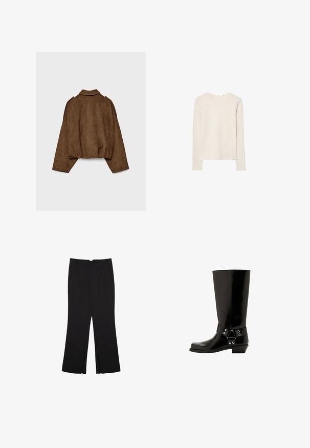 Bruine jas van imitatie suède met een kraag, een oversized pasvorm en doorgezakte schouders. De achterkant heeft verticale naaddetails en een cropped ontwerp.; Licht beige lang mouw top gemaakt van zachte stof, met een ronde hals en een ontspannen pasvorm met rechte zoom en minimale stikdetails.; Zwarte broek met een rechte pasvorm, voorzien van zijzakken en plooien aan de onderzijde. Gemaakt van zachte, gladde stof. Geschikt voor verschillende gelegenheden.; Zwarte rubberen laars die tot aan de knie reikt, met een glanzende afwerking, voorzien van een decoratieve band en metalen accenten. Lage, licht gekantelde hak.