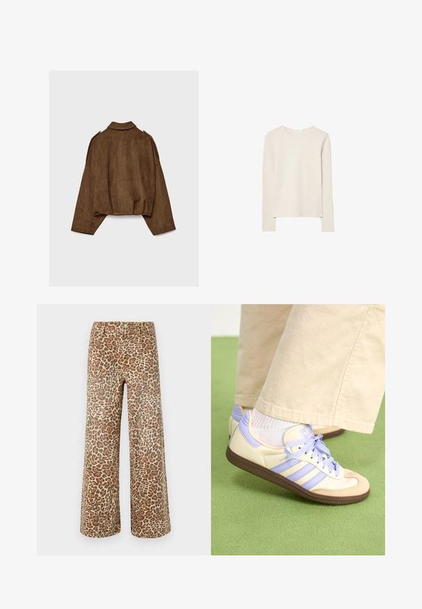 Veste en suédine marron avec col montant, coupe oversize et épaules tombantes. Le dos présente des coutures verticales et un design court.; Haut beige clair à manches longues en tissu doux, avec un col rond et une coupe décontractée, un ourlet droit et un minimum de détails de couture.; Pantalons larges à imprimé léopard dans des tons beige et marron, avec une taille classique, une fermeture à bouton et un design à cinq poches.; Baskets crème et lavande avec trois bandes et une semelle marron texturée, dotées de lacets et d'un talon rembourré. Tige en tissu doux.
