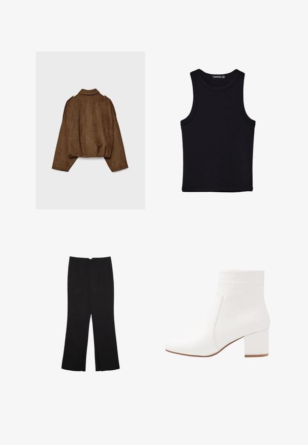 Smeđa jakna od umjetne brušene kože s ovratnikom, prevelikog kroja i spuštenih ramena. Na stražnjoj strani nalazi se vertikalni ukrasni šav i skraćeni dizajn.; Crni top bez rukava od pamuka, s okruglim izrezom i širokim izrezima za ruke. Glatka tekstura s ušivenim rubovima. Klasičan, minimalistički dizajn.; Crne hlače ravnog kroja, s prednjim džepovima i bočnim prorezima na rubu. Izrađene od mekog i glatkog materijala. Pogodne za razne prigode.; Bijele gležnjače s glatkom obradom, kvadratnim vrhom i blok petom srednje visine. Šavovi ističu minimalistički dizajn.