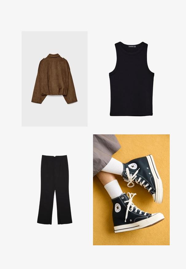 Veste en suédine marron avec col montant, coupe oversize et épaules tombantes. Le dos présente des coutures verticales et un design court.; Débardeur noir en coton, avec un col rond et des emmanchures larges. Texture lisse avec des ourlets cousus. Design classique et minimaliste.; Pantalon noir avec une coupe droite, doté de poches avant et d'éclairs sur l'ourlet. Fabriqué en tissu doux et lisse. Convient à diverses occasions.; Des baskets montantes en toile noires avec des lacets blancs et des semelles en caoutchouc, présentant un logo rond Converse All Star sur le côté extérieur.