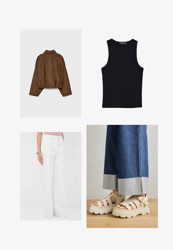 Veste en suédine marron avec col montant, coupe oversize et épaules tombantes. Le dos présente des coutures verticales et un design court.; Débardeur noir en coton, avec un col rond et des emmanchures larges. Texture lisse avec des ourlets cousus. Design classique et minimaliste.; adL Pantalon classique - beige; Des sandales à plateforme beiges avec de épais semelles présentent un design à lanières et des sangles de cheville réglables. Portées avec un pantalon en denim à jambes larges, un ourlet est effiloché.