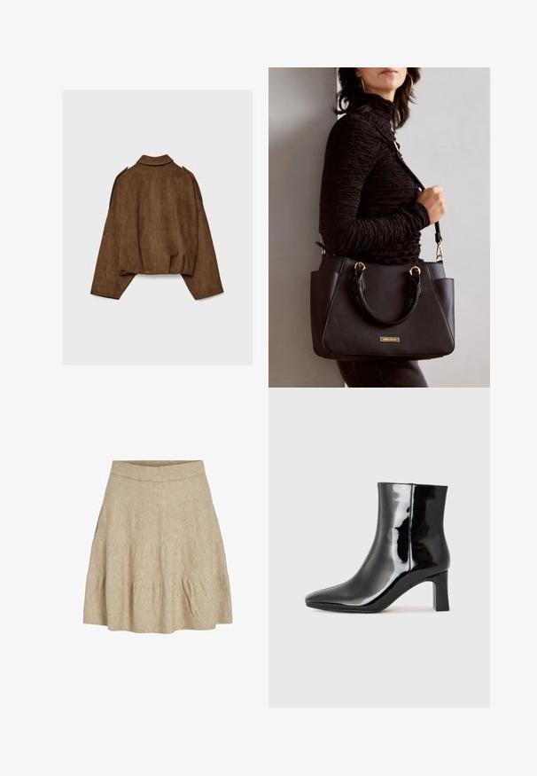 Hnedá bundu z umelého semišu s golierom, nadrozmerným strihom a spustenými ramenami. Zadná časť má vertikálne švy a skrátený dizajn.; Čierny dlhý rukáv skrátený top s okrúhlym výstrihom, jednofarebný dizajn a mierne zakrivený lem.; Krátka béžová sukňa z mäkkej, textúrovanej tkaniny s rebrovaným pásom a jemným skladaním pri hranách.; Čierne lakované členkové topánky s špicatou špičkou a stredne vysokým blokovým podpätkom. Hladká textúra a minimalistický dizajn.; Čierna kabelka s textúrovaným povrchom, dvojitými hornými rúčkami a nastaviteľným ramenným popruhom. Obsahuje zlaté kovanie a bočné vrecká.