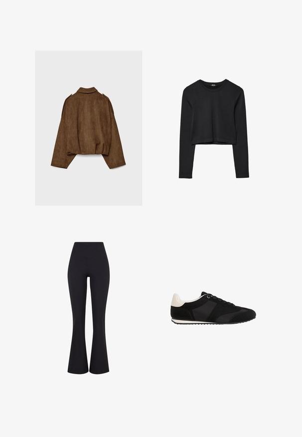 Hnědá bunda z umělé semiše s límcem, volným střihem a sníženými rameny. Na zádech jsou vertikální švy a zkrácený střih.; Černý dlouhý rukáv cropped top s kulatým výstřihem, jednoduchý design a mírně zaoblený lem.; Černé, vysoké rozšířené kalhoty vyrobené z elastického materiálu. Mají hladkou texturu a přiléhavý siluetu přes boky.; Černé sportovní boty s texturovaným nubukovým svrškem, hladkými syntetickými akcenty a kontrastní krémovou patou. Obsahují tradiční tkaničky a gumovou podrážku.
