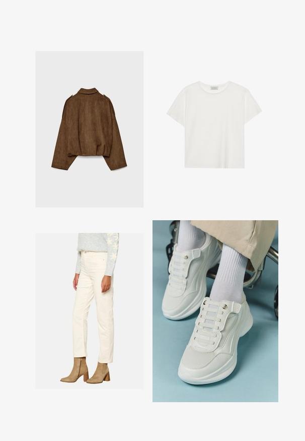Rjava jakna iz umetnega usnja z ovratnikom, širokim krojem in spuščenimi rameni. Hrbtni del ima navpične šive in krajšano zasnovo.; Bela kratkotrajna majica s kratkimi rokavi, narejena iz mehke bombažne tkanine. Ima okroglo ovratnico in sproščen kroj. Čist dizajn brez vidnih vzorcev ali akcentov.; Karamelno obarvane kordne hlače s slim fit krojem, ki imajo sprednje žepke in gladko teksturo, v kombinaciji s svetlo rjavimi gležnjarji.; Bele teniske z mrežastim materialom, gumene podplate, brez vezalk, z elastikami in zlatimi akcenti.