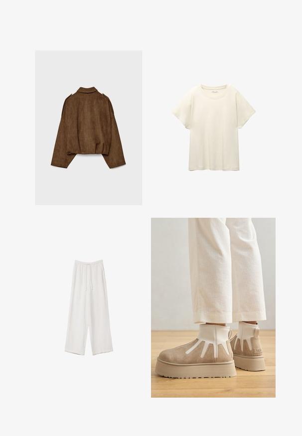 Giacca marrone in finto camoscio con collo a camicia, vestibilità oversize e spalle scese. La parte posteriore presenta cuciture verticali e un design corto.; Maglietta a maniche corte beige chiaro con scollatura rotonda, realizzata in un tessuto morbido e liscio. Presenta una vestibilità comoda e un orlo dritto.; Pantaloni a gamba larga bianchi realizzati in un tessuto leggero. Presentano una vita elastica con cordoncino e tasche laterali. Texture liscia.; Stivali alla caviglia in suede beige con una suola a piattaforma spessa e un lato elastico bianco. Presentano un design a taglio e un logo sul tallone.